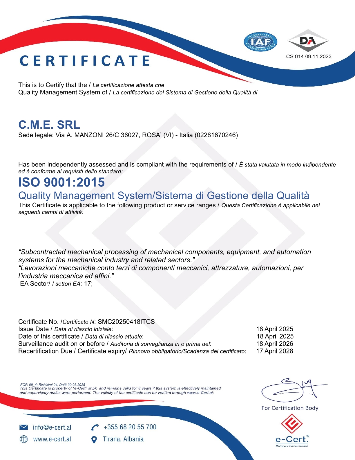 C.M.E. SRL 9001 ITENG 20251